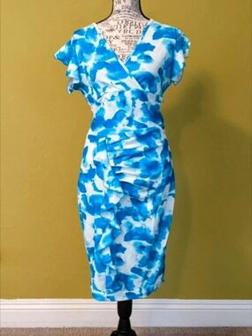 Women's Blue and White Watercolor Wrap Dress